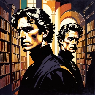 Mysterious 90s Anime Duo in Dark Academia Library