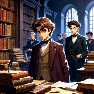 Misterioso ragazzo anime nella biblioteca oscura dell'accademia.