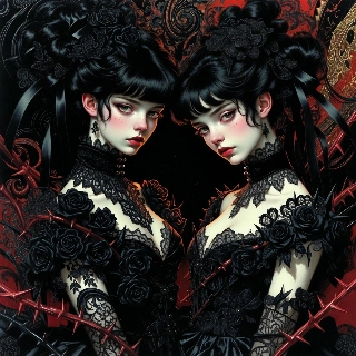 Mysterious Gothic Chic Twins Black Lace Anime Art