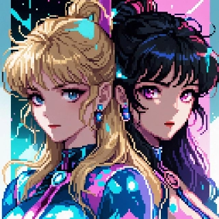 Retro Pixel Art Anime Waifu Duo