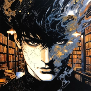 Dark academia library background featuring intense brooding anime boy with ethereal smoke and piercing gaze