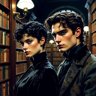 Dark Academia Anime Couple in Mysterious Library