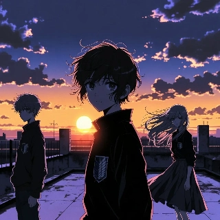Dark Anime School Trio Sunset Rooftop Silhouette