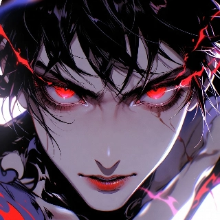 Dark anime villain with red glowing eyes, intense menacing glare and sharp features in striking anime art style