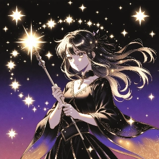 Dark Magic Girl with Sparkling Wand and Stars Anime