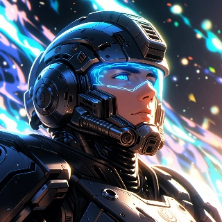 Mecha robot pilot in sci-fi helmet with intense blue glowing eyes, exuding mysterious dark anime vibe and futuristic determination
