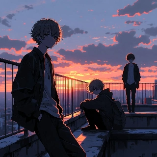 Dark School Life Anime Boys Sunset Rooftop Silhouette