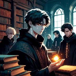 Enigmatic Anime Sorcerer in Dark Academia Library