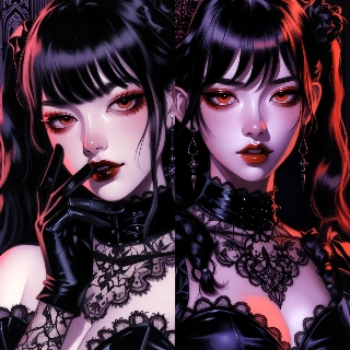สาวอนิเมะสไตล์โกธิคสุดลึกลับ ชุดลูกไม้สีดำ