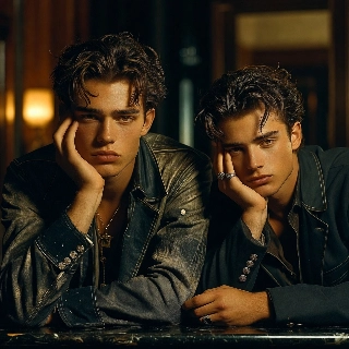 Cool Bored Twin Boys Leaning on Hands in Leather Jackets