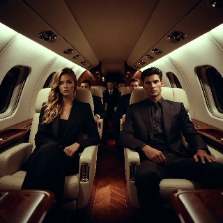 Un tipo alla moda negli interni di un jet privato, in stile lussuoso.