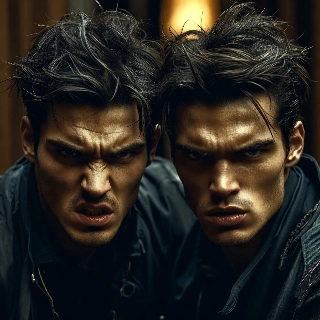Fierce Twin Boys with Intense Angry Eyes Portrait