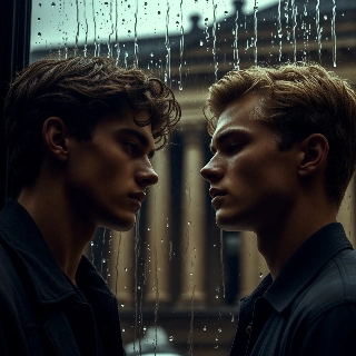 Melancholic Boys Staring Rain Window Portrait