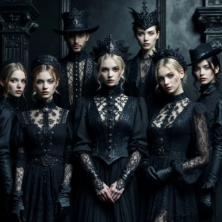 Gothic chic black lace mysterious cool boy with intense gaze in ornate hat amid dark lace-clad group