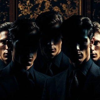 Mystery silhouette face in shadow featuring cool suited young men with enigmatic expressions and dramatic lighting for a stylish vibe
