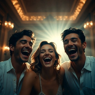 Radiant Laughter Trio in Cinematic Theater Glow