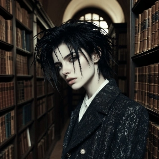 Grunge Emo Boy in Dark Academia Library