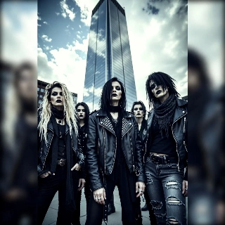 CEO portrait of brooding grunge emo youth with intense makeup against towering skyscraper background, leather jacket vibe