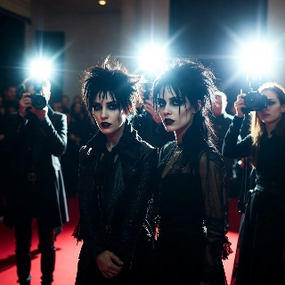 Red carpet event camera flashes illuminate grunge emo twin girls with spiky black hair, dark makeup, and brooding expressions in stylish black outfits
