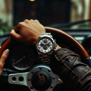 Grunge Hands on Steering Wheel with Luxury Watch
