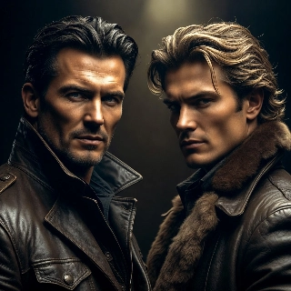 Confident Smirk Boss Duo Leather Jackets Photorealistic