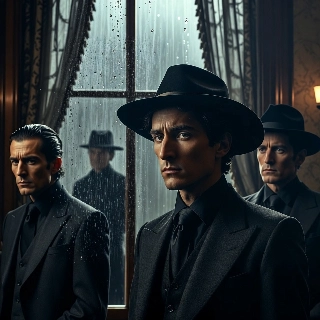 Melancholic Fedora Man Staring at Rainy Window Cinematic Style