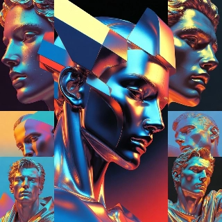 3D Abstract Metallic Sculpture Profile Faces