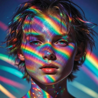 Holographic Rainbow Light Skin Woman Portrait