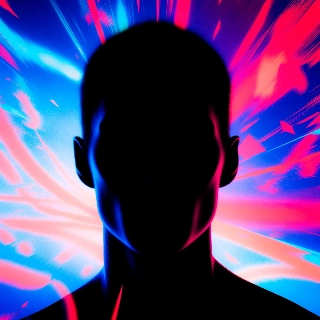 Silhouette misteriosa del volto in un bagliore di ombre al neon