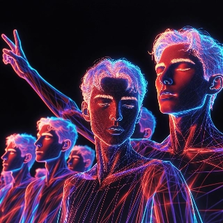 Neon Glowing Line Art Male Peace Sign Portrait