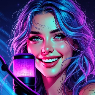 Twitch streamer neon mic smiling with vibrant blue-purple hair and glowing green eyes, radiating energetic and joyful vibe in cyberpunk style