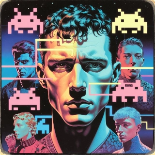 Space invaders themed retro alien art PFP featuring intense young man with piercing eyes surrounded by pixelated invaders and cyberpunk vibes