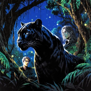 Sleek Black Panther and Enigmatic Youth Night Jungle Art