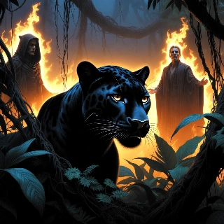 Sleek black panther jungle night animated GIF with intense glowing eyes, fierce vibe amid mystical flames and hooded figures in dark foliage