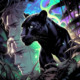 Sleek Black Panther with Youthful Man in Ethereal Jungle Night