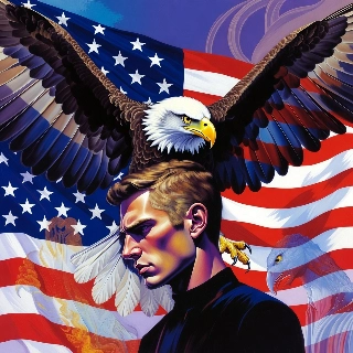 Bald Eagle Perched on Fierce Man's Head Patriotic Art