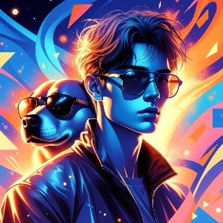 Cool Guy with Sunglass Dog Neon Synthwave Portrait