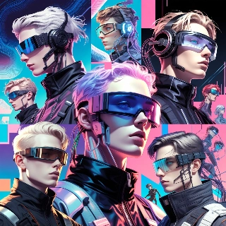 Cybercore Futuristic Androgynous Visor Portraits Collage