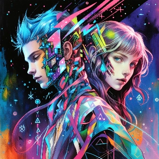 Cybercore Futuristic Duo in Neon Cyberpunk Style