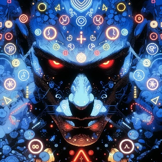 Dark Anime Villain Red Glowing Eyes Neon Symbols