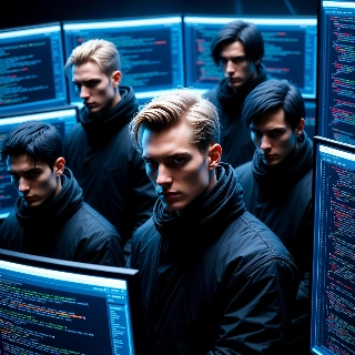 Dark hacker vibe code on screen with intense young men in black hoodies staring mysteriously from multiple glowing monitors