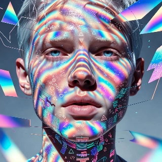 Holographic skin rainbow light on a mysterious futuristic face with blue eyes and intricate geometric overlays