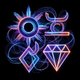 Neon Glowing Line Art Symbols on Black