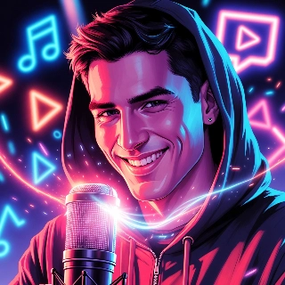 Felpa con cappuccio con microfono al neon e ritratto di uno streamer di Twitch sorridente.