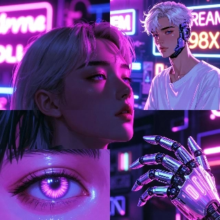 ภาพเหมือนแนว Vaporwave Neon Cyberpunk สีม่วงพาสเทล
