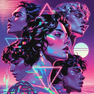 Vaporwave Neon Faces in Pastel Purple Triangles