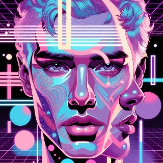 ภาพเหมือนสไตล์ Vaporwave นีออนสีม่วงพาสเทลยุค 80