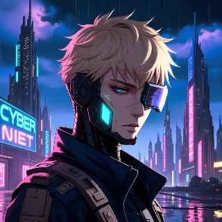 Cyberpunk neon futuristic city PFP of stoic blonde male with glowing cyber visor and intense gaze in rainy skyline