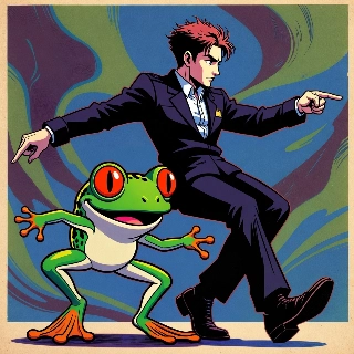 Dancing frog retro green style PFP of confident suited man pointing dynamically with joyful vibrant frog partner