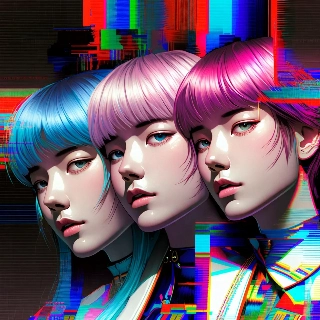 Glitch Art Aesthetic Triple Pink Blue Girl Faces